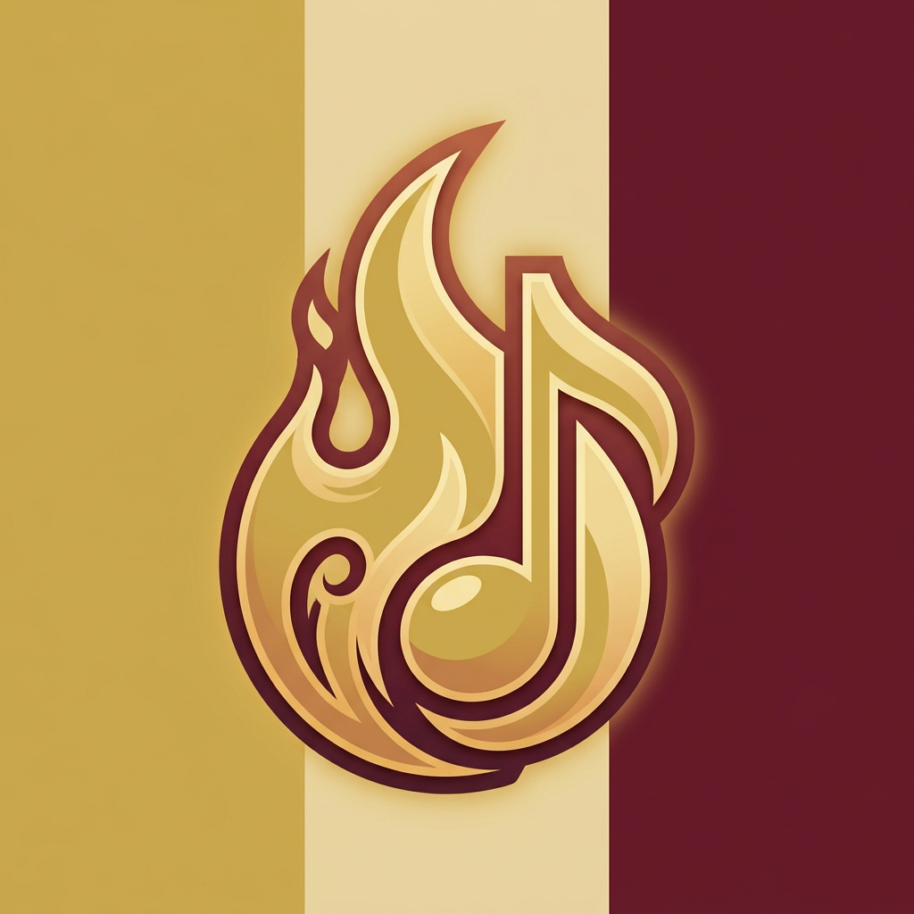 Gold flame shape intertwined with a musical note on a striped background