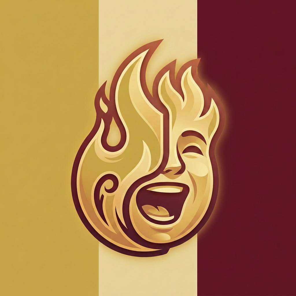 Gold flame shape intertwined with a musical note on a striped background